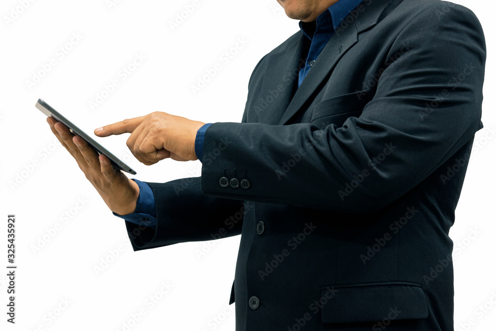 Businessman using tablet with white background. Businessman using tablet with white background.