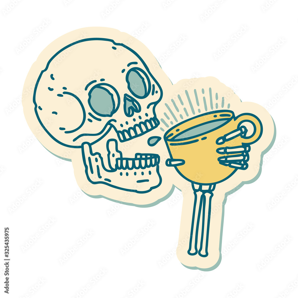 tattoo style sticker of a skull drinking coffee tattoo style sticker of a skull drinking coffee