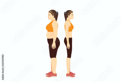Fat woman and Slim woman standing stay together wear the same color sportswear. Concept Illustration about reduce fat with workout for beauty shape.