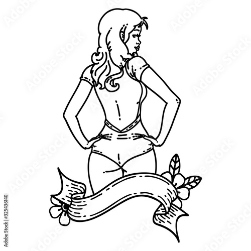 black line tattoo of a pinup swimsuit girl with banner