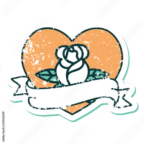 distressed sticker tattoo style icon of a heart rose and banner