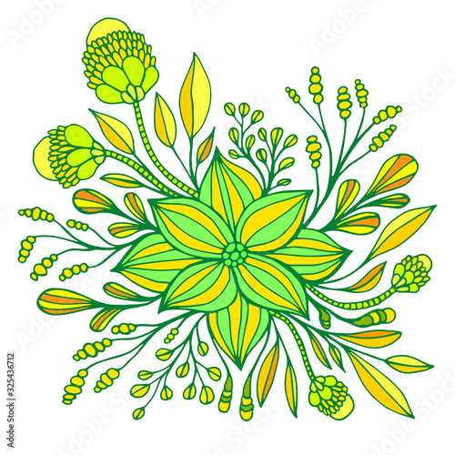 Yellow lemon lime fantasy flower, framed by leaves and buds