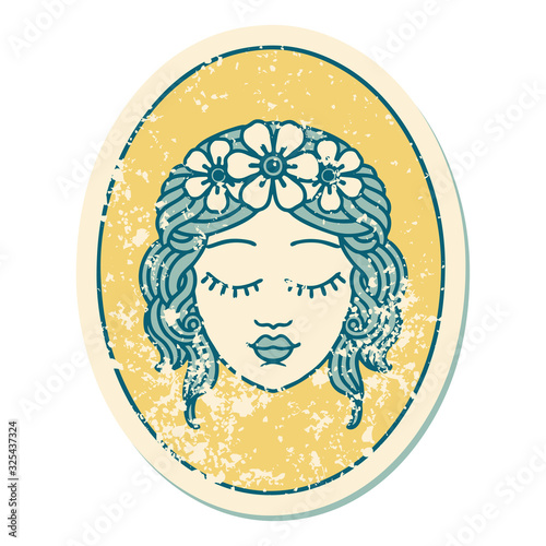 distressed sticker tattoo style icon of a maiden with eyes closed