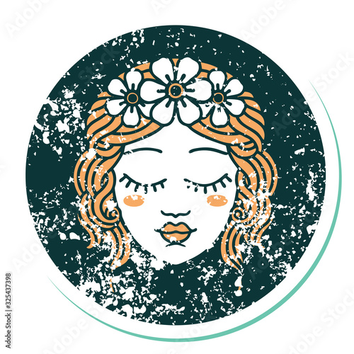 distressed sticker tattoo style icon of female face with eyes closed