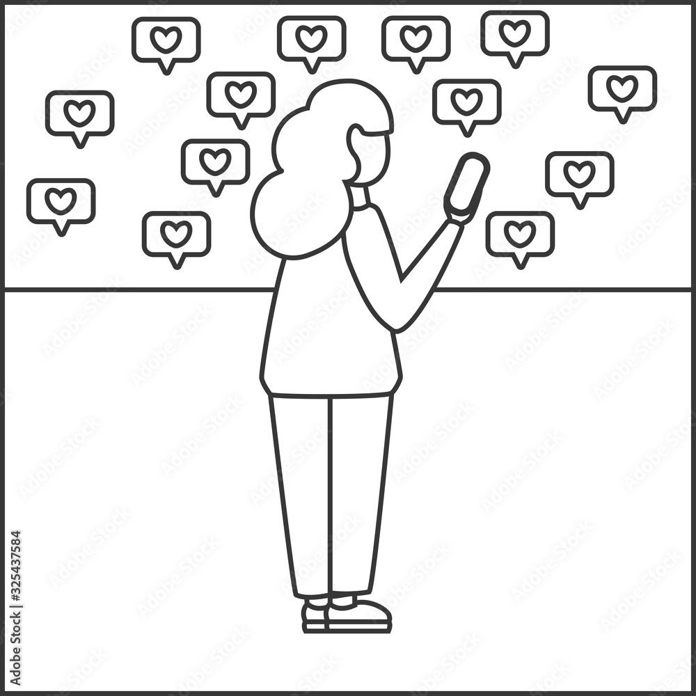 Hipster girl looking at phone and getting likes on social media, sketch style. Millennial girl blogger chatting with hearts likes. Coloring page. Modern hand drawn vector illustration Hipster girl looking at phone and getting likes on social media, sketch style. Millennial girl blogger chatting with hearts likes. Coloring page. Modern hand drawn vector illustration
