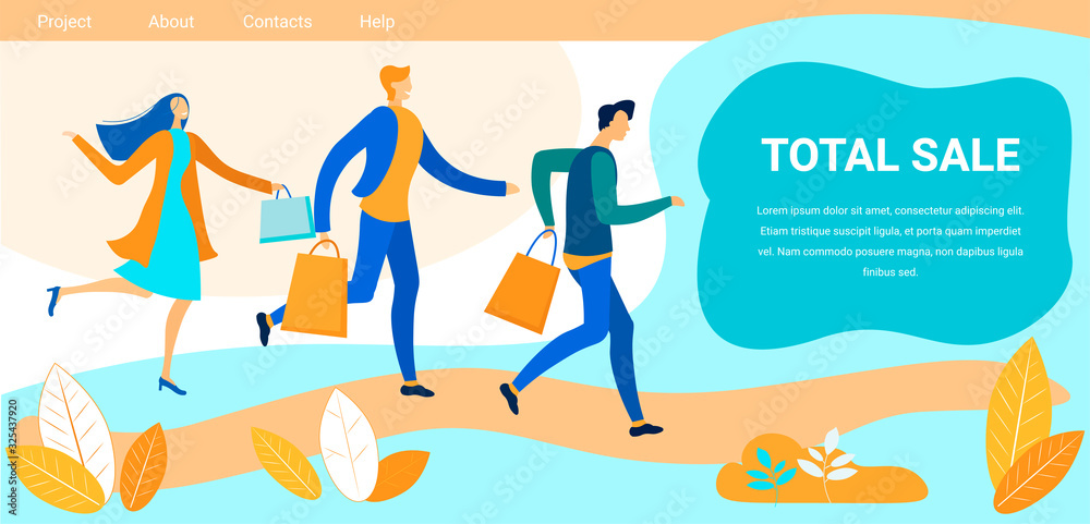 Total Sale Flat Landing Page with Advertising Text. Promotion Banner for Online Services. Vector Cartoon People with Shopping Bags Hurrying up for Discount. Natural Illustration with Gradient Design