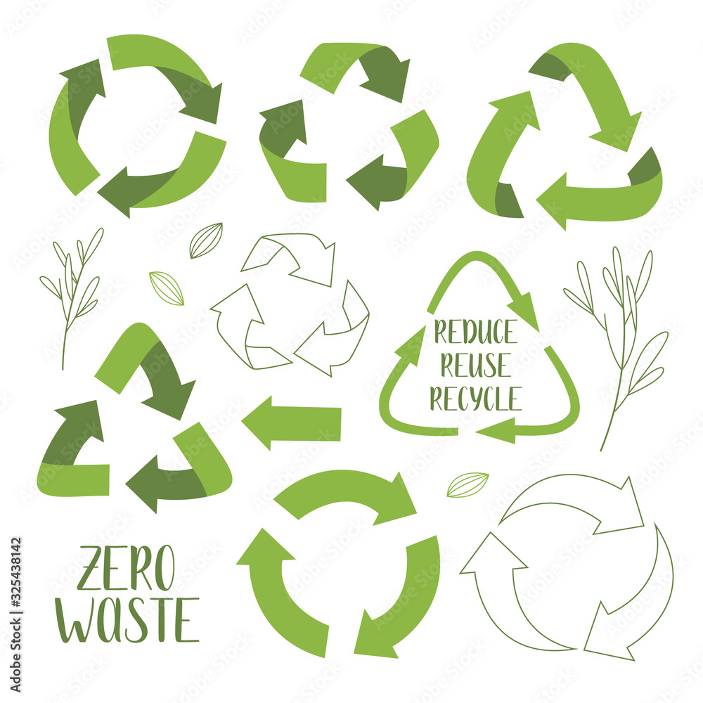 Obraz premium Set of green recycling signs and sprigs with leaves, isolated on white background. Vector reuse symbols. Perfect for ecological design, eco-friendly packaging. Zero waste lifestyle.