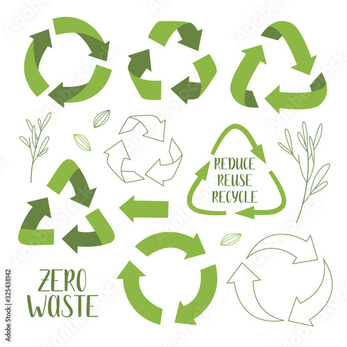 Set of green recycling signs and sprigs with leaves, isolated on white background. Vector reuse symbols. Perfect for ecological design, eco-friendly packaging. Zero waste lifestyle.