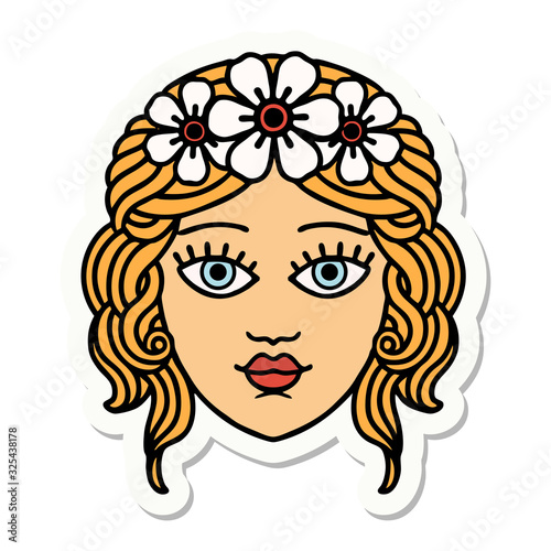 tattoo style sticker of female face with crown of flowers