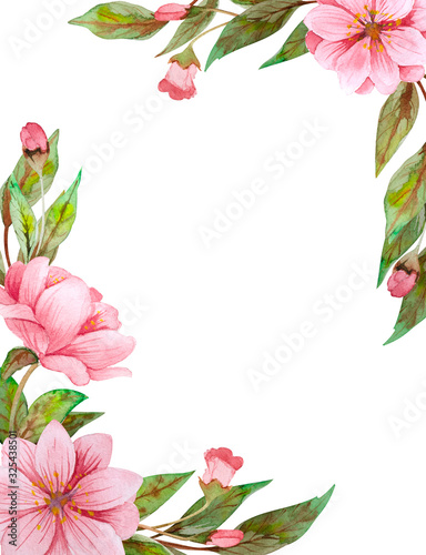 Fototapeta Naklejka Na Ścianę i Meble -  Watercolor floral background with cherry flowers and leaves. Spring  frame, template for your design.