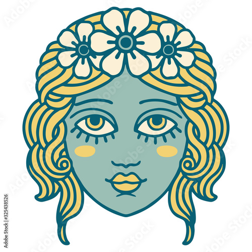 tattoo style icon of female face with crown of flowers