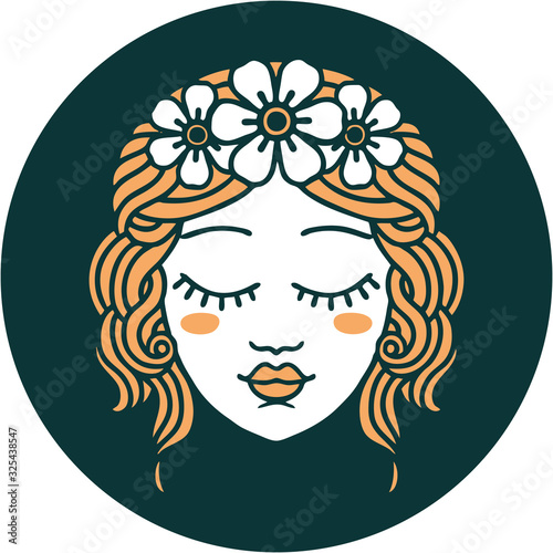 tattoo style icon of female face with eyes closed
