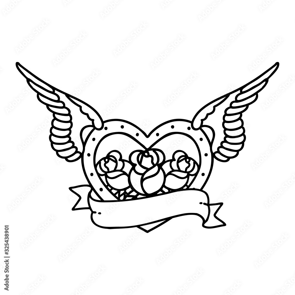 Fototapeta premium black line tattoo of a flying heart with flowers and banner