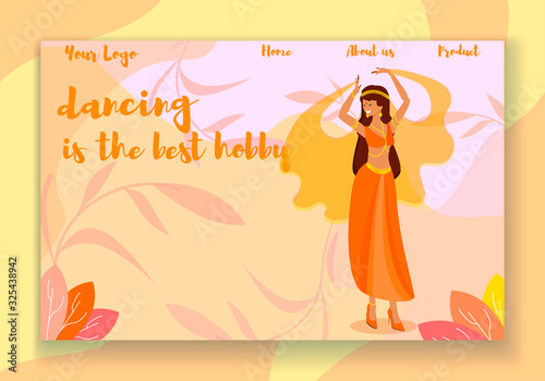 Dancing is the Best Hobby Horizontal Banner. Young Woman in Beautiful Dress and Jewelry Dancing Indian or Oriental Dance. Entertainment, Music Show Performing, Class Cartoon Flat Vector Illustration