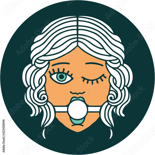 tattoo style icon of winking female face with ball gag