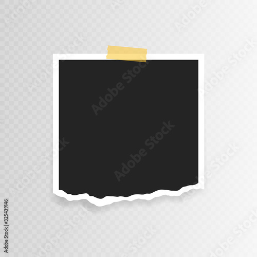 Vector Photo frame mockup design. Photo frame with torn paper on sticky tape isolated on transparent background. Vector illustration
