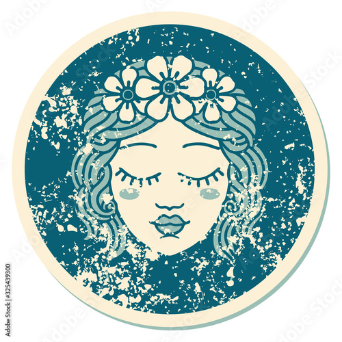 distressed sticker tattoo style icon of female face with eyes closed