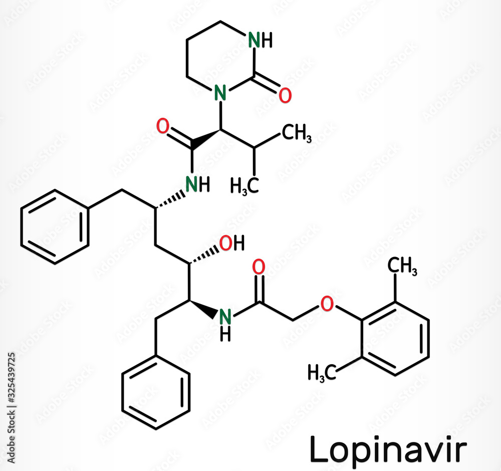 Lopinavir molecule. It is  antiretroviral protease inhibitor, used in with ritonavir in therapy of human immunodeficiency virus HIV infection and acquired immunodeficiency syndrome AIDS, 2019-ncov