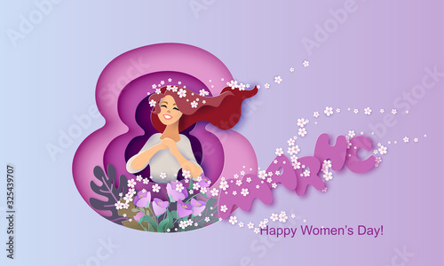 Card for 8 March Happy womens day Paper cut style
