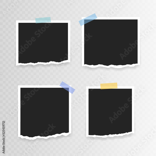 Vector Photo frame mockup design. Super set photo frame with torn paper on sticky tape isolated on transparent background. Vector illustration