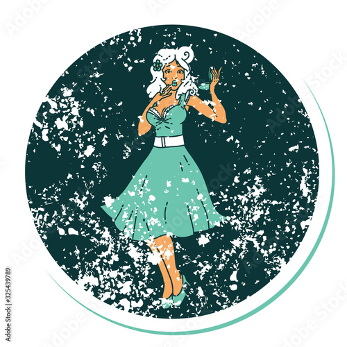 distressed sticker tattoo style icon of a pinup surprised girl