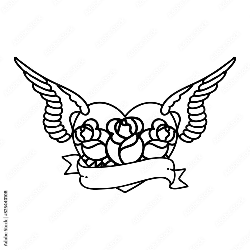 Fototapeta premium black line tattoo of a flying heart with flowers and banner