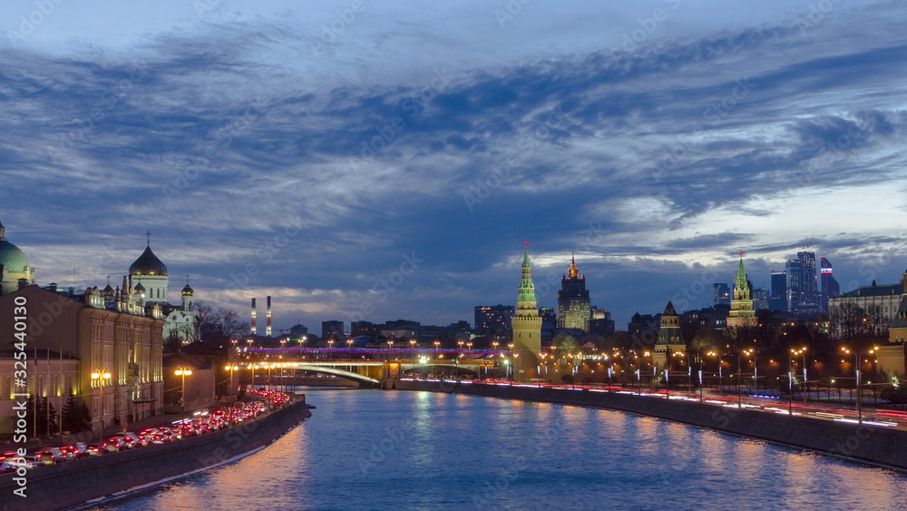Ensemble of Moscow Kremlin and Moskva-City business center view across Moskva river at a winter day to night timelapse Ensemble of Moscow Kremlin and Moskva-City business center view across Moskva river at a winter day to night timelapse