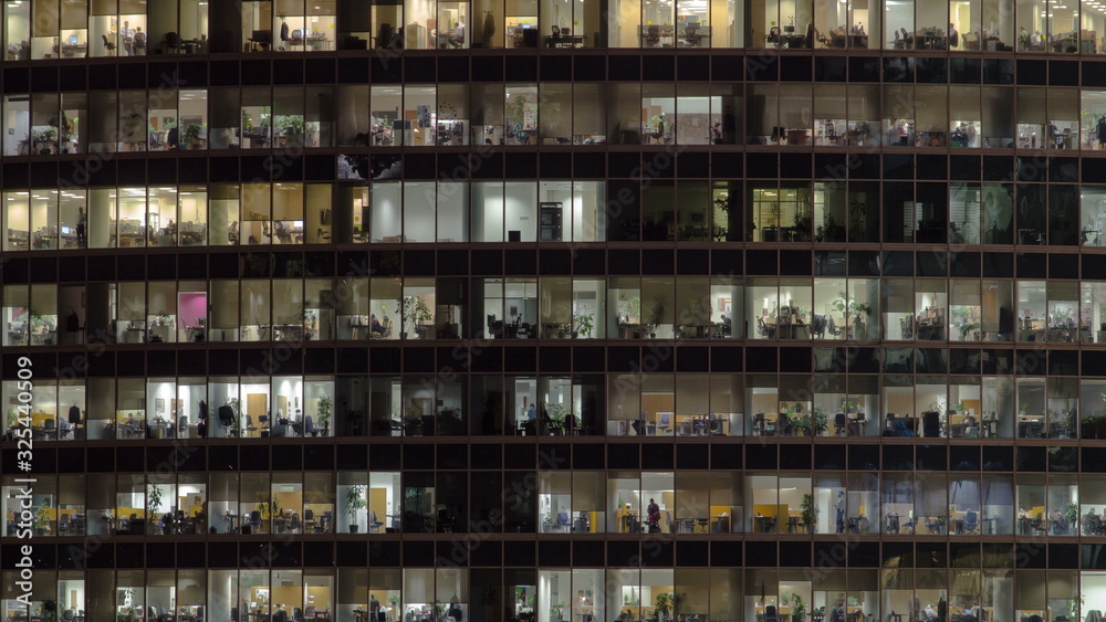 Windows in Skyscrapers International Business Center City at night timelapse, Moscow, Russia