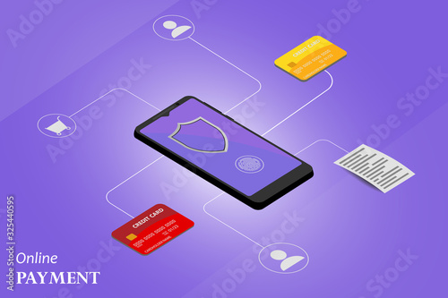 Vector illustration of smartphone with processing of mobile payments on the screen. Smartphone and payment button