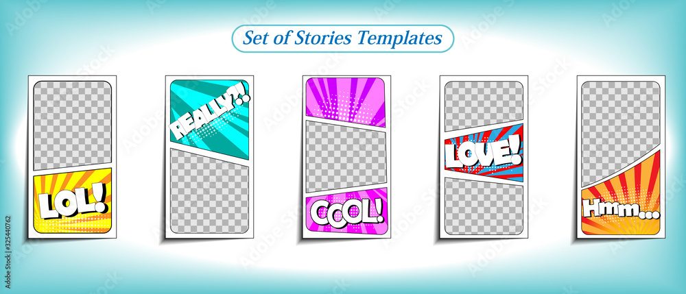 Fototapeta premium Vector colorful background in pop art retro comic style. Vector trendy editable set of templates for social media networks stories. Modern design backgrounds for flyers, cards, posters.