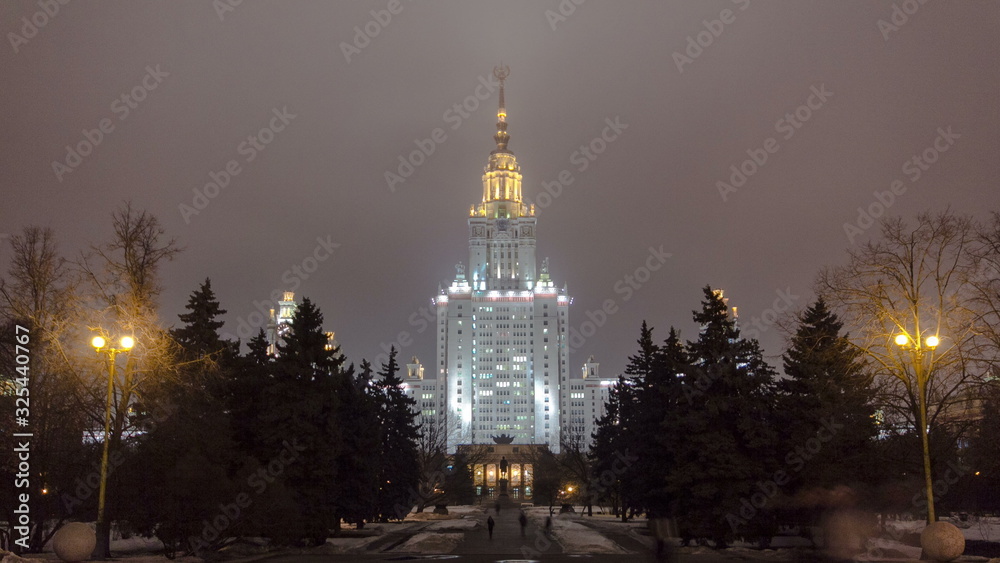 The Main Building Of Moscow State University On Sparrow Hills At Winter timelapse at Night