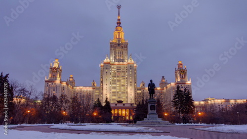 The Main Building Of Moscow State University On Sparrow Hills At Winter timelapse day to Night