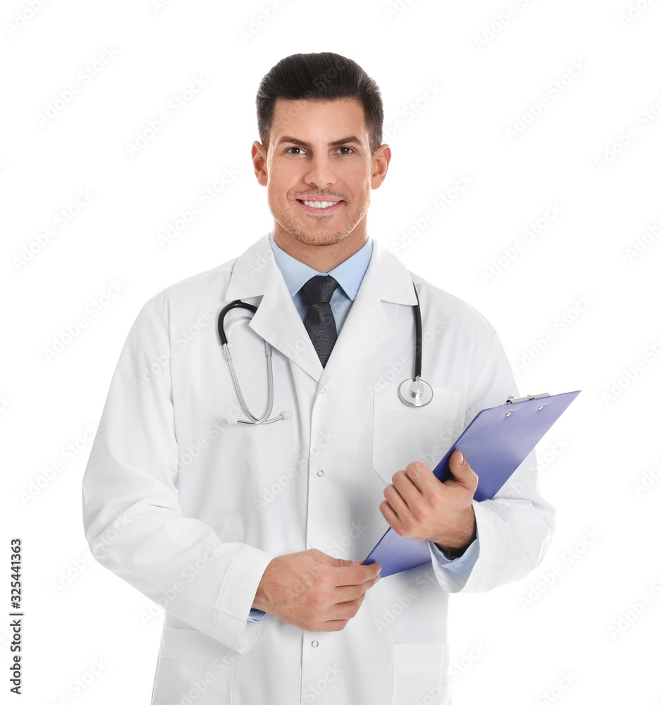 Portrait of doctor with clipboard on white background Portrait of doctor with clipboard on white background