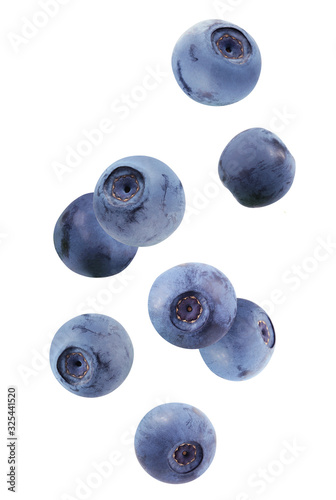 Photographie falling blueberries isolated on white background with a clipping path