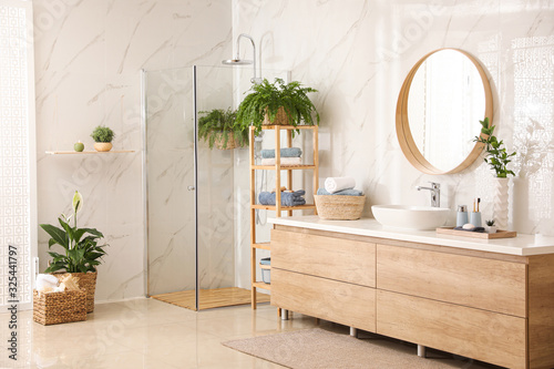 Photographie Stylish bathroom interior with countertop, shower stall and houseplants