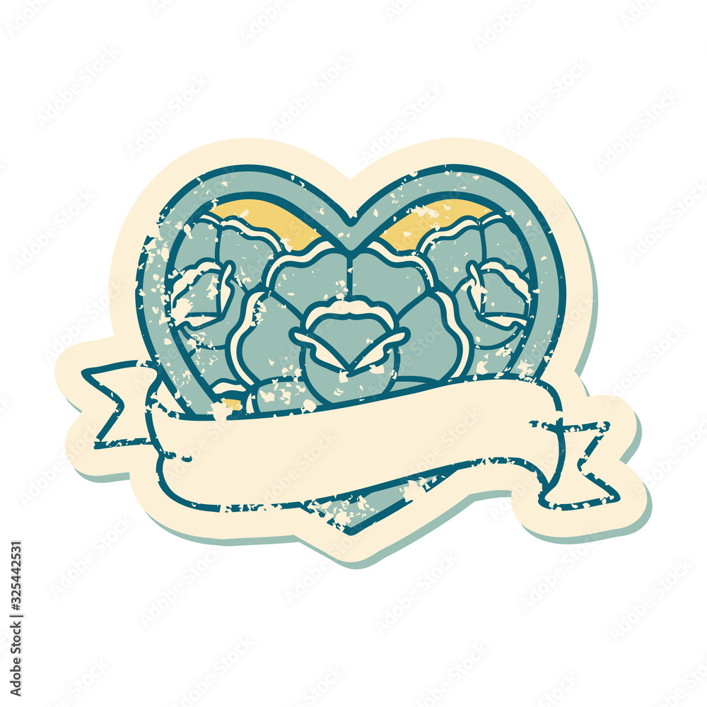 distressed sticker tattoo style icon of a heart and banner with flowers distressed sticker tattoo style icon of a heart and banner with flowers