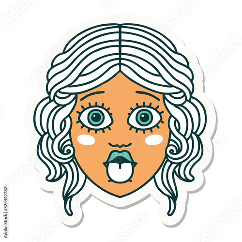 tattoo style sticker of female face sticking out tongue