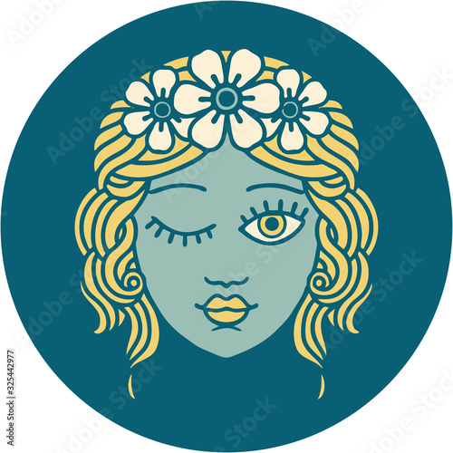 tattoo style icon of a maidens face winking