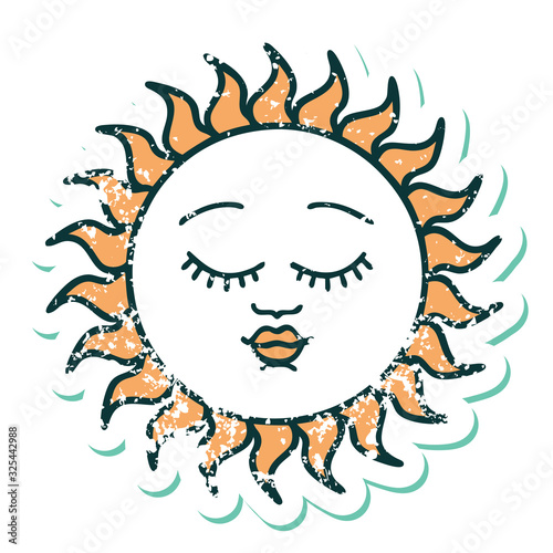 distressed sticker tattoo style icon of a sun with face