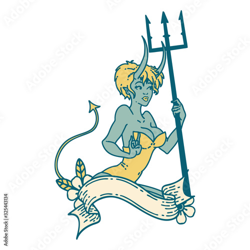 tattoo style icon  of a pinup devil girl with banner