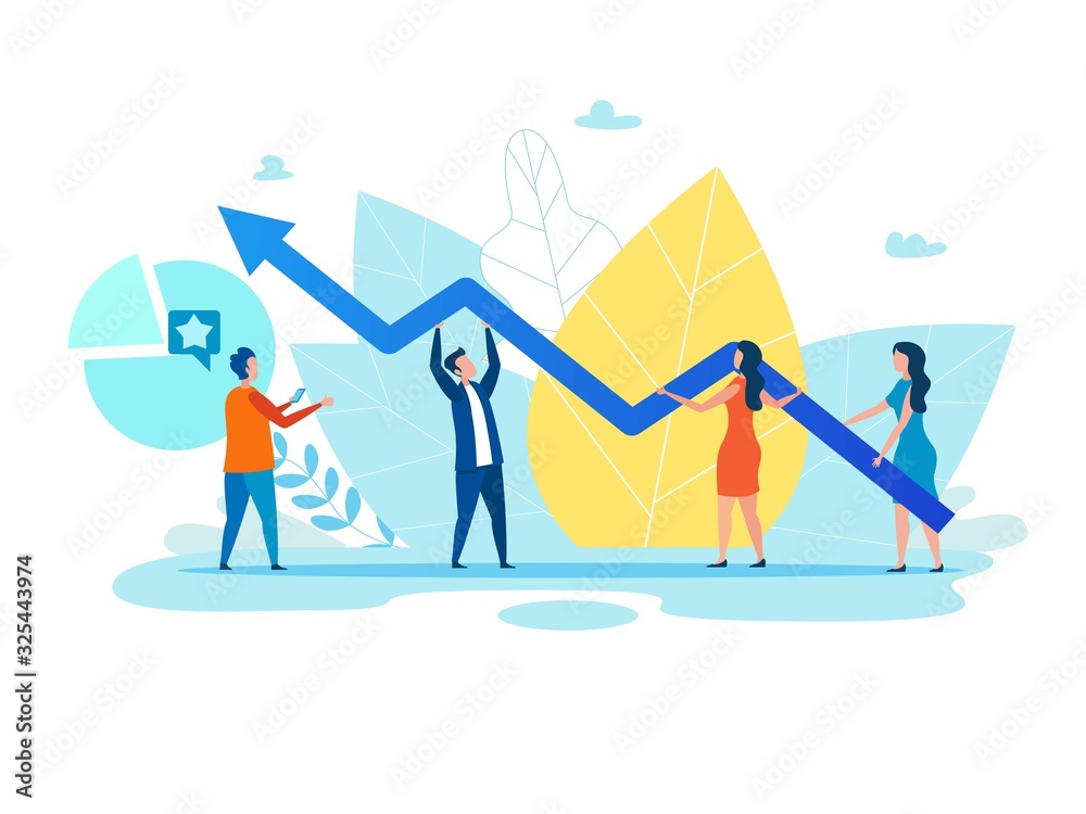 Cartoon People, Men and Women Holding Growth Graph, Zigzag Arrow. Foliage Backdrop. Teamwork Metaphor. Financial Success, Cooperation and Effective Social Media Marketing. Vector Flat Illustration Cartoon People, Men and Women Holding Growth Graph, Zigzag Arrow. Foliage Backdrop. Teamwork Metaphor. Financial Success, Cooperation and Effective Social Media Marketing. Vector Flat Illustration