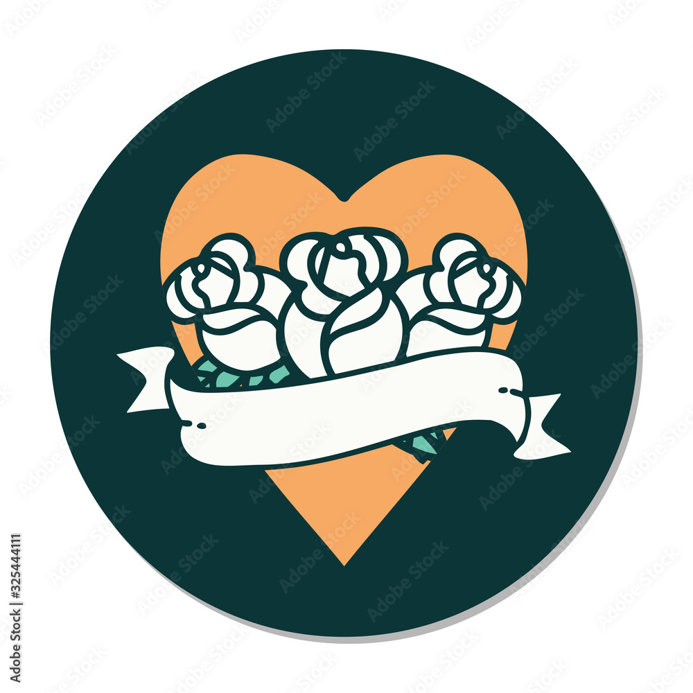 tattoo style sticker of a heart and banner with flowers tattoo style sticker of a heart and banner with flowers