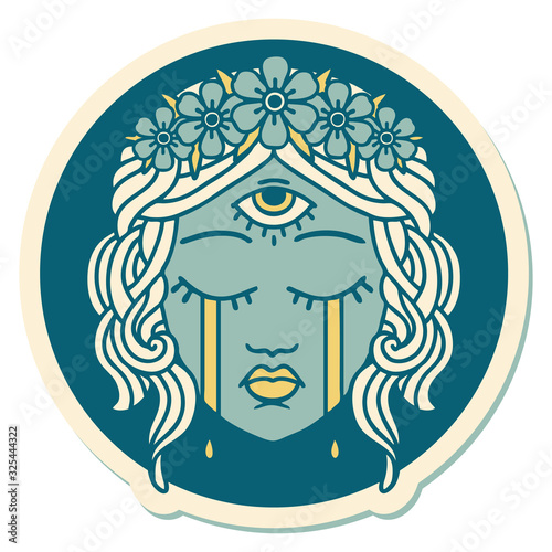 tattoo style sticker of female face with third eye crying