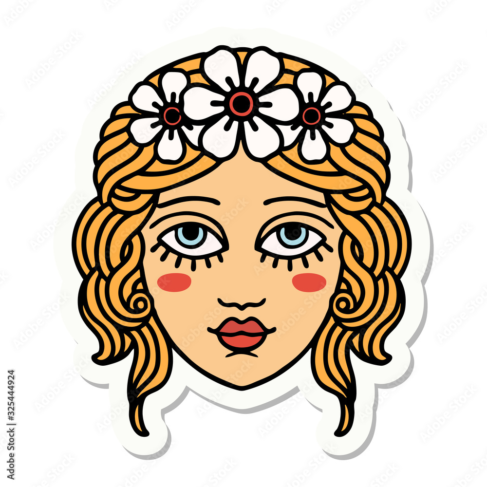 tattoo style sticker of female face with crown of flowers