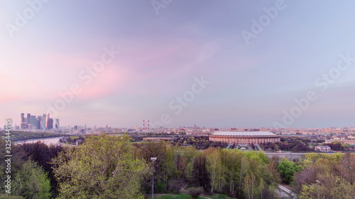 Panoramic view of Moscow City, Russia, from Sparrow Hills day to night timelapse
