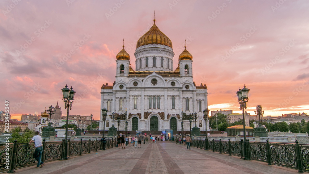 Majestic orthodox Cathedral of Christ Saviour with sunset Timelapse, Russia