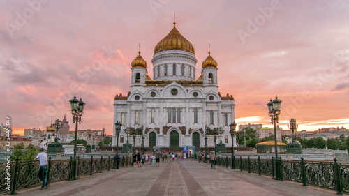 Fototapeta Naklejka Na Ścianę i Meble -  Majestic orthodox Cathedral of Christ Saviour with sunset Timelapse, Russia