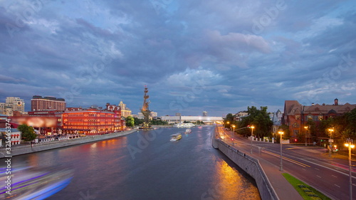 Russia. Moscow. View from the Patriarch bridge on the river panorama of Moscow. day to night timelapse
