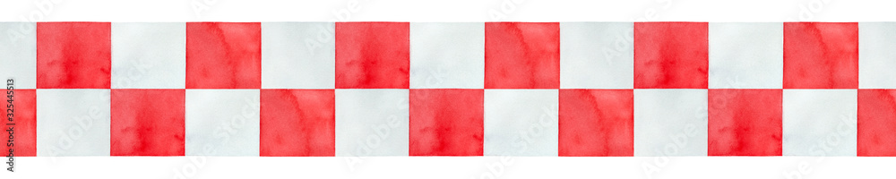 Seamless repeatable border of grungy red and white checkered ribbon. Hand drawn watercolour illustration, isolated clip art element for design decoration, scrapbooking, banner, website, card, sticker.