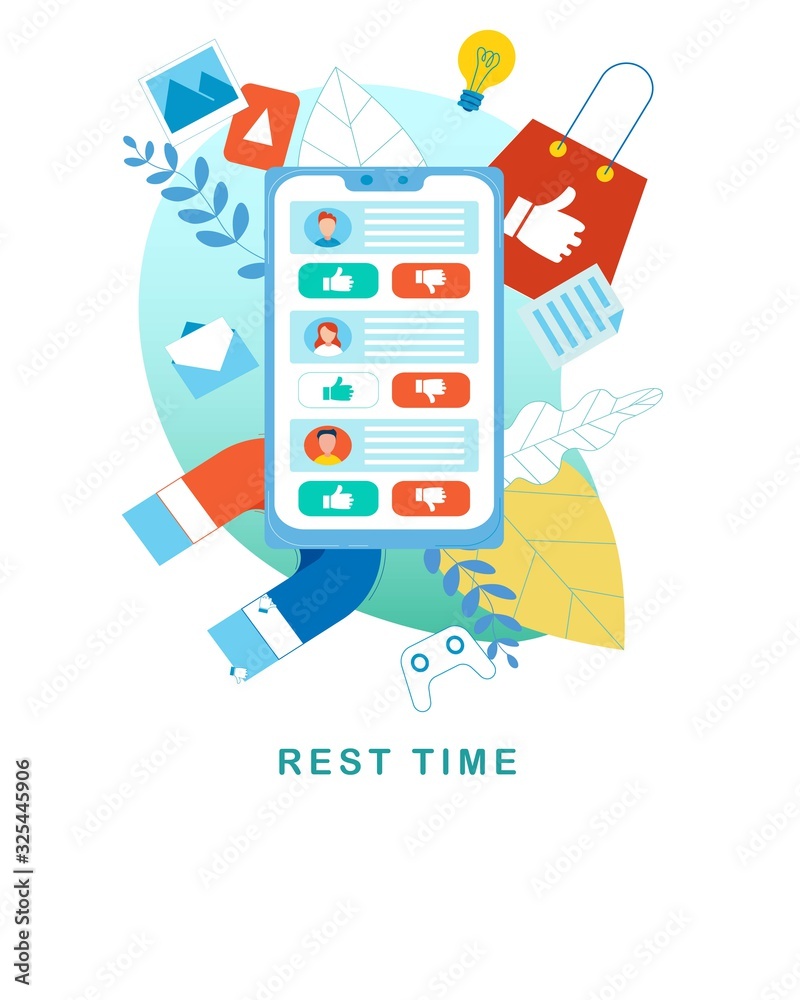 Rest Time Banner. Mobile Social Applications. Smartphone with Open Online Chat on Screen. Media Network Icons and Phone Widgets. Communication and Relax. Vector Illustration with Flat Cartoon Foliage
